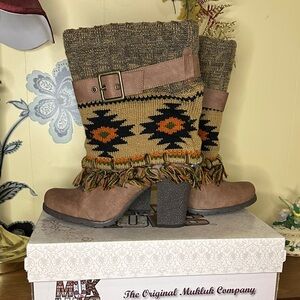 Muk Luks Brown Knit Fringe Heeled Boots with Aztec Pattern